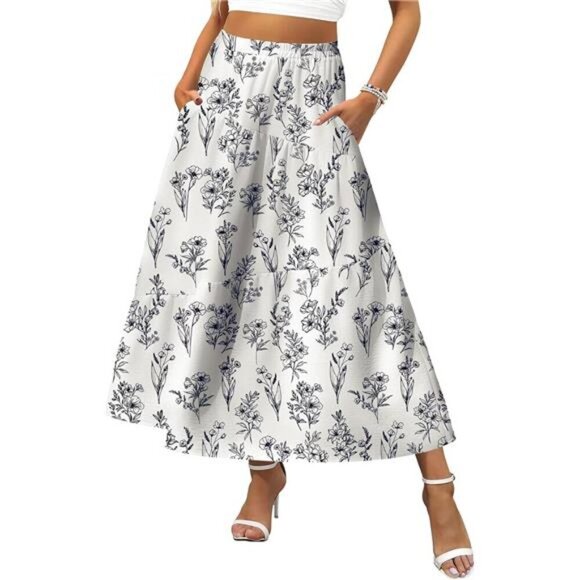 Women's Elastic High Waist A-Line Flowy Swing Floral White - Picture 1 of 6